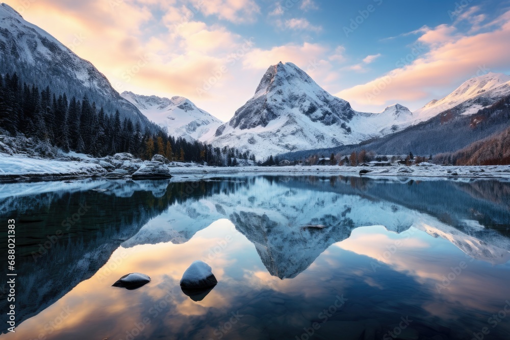 Snowy Mountains and Crystal Clear Lake at Sunrise