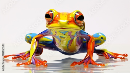 a colorful and whimsical interpretation of a leaping frog, its powerful hind legs and curious eyes brought to life in vibrant hues on a white background, reflecting the agility of these amphibians.