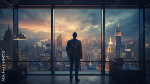 A suited man, sure of himself, stands in his modern office. Next to him, a window offers a view of a sprawling metropolis. back view