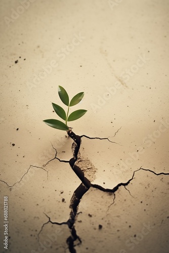 Plant growing from a crack in dry soil. Global warming © Catherine Chin