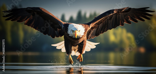 Close up of a bald eagle flying over the water surface of a lake photo