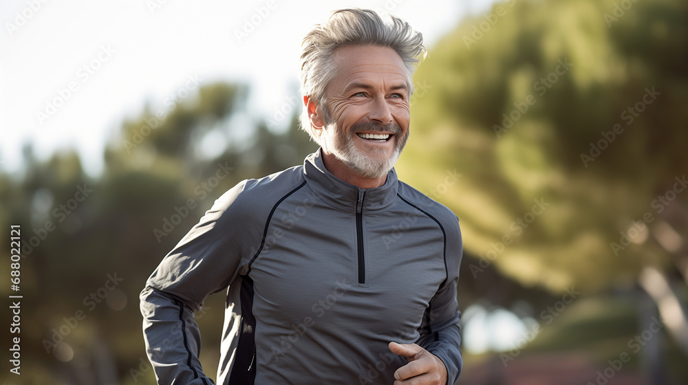 Obraz premium candid smiling 60 y.o. man in a sport wear jogging outdoor