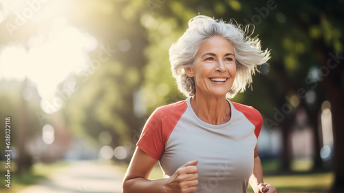 candid smiling 60 y.o. woman in a sport wear jogging outdoor © sandsun
