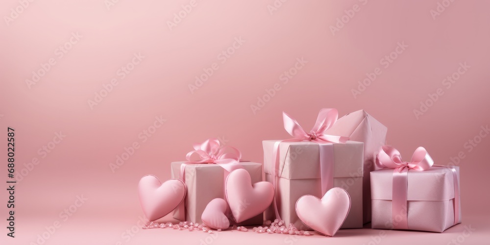 A metallic heart with an array of pink gifts, all against a soft pink background. A metallic heart with an array of pink gifts, all against a soft pink background.