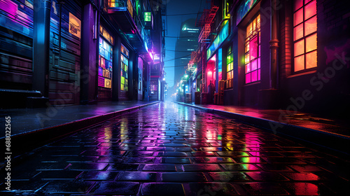 wet city street after rain at night time with colorful light and graffiti wall, Generative Ai, Urban Magic: Chicago Rainy Night in Neon, wet city street after rain at night time with colorful light 

