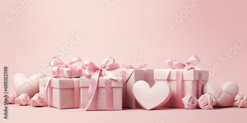 A metallic heart with an array of pink gifts, all against a soft pink background.