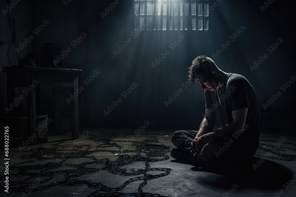 Man Fighting Depression in Dark Room Man Fighting Depression in Dark Room