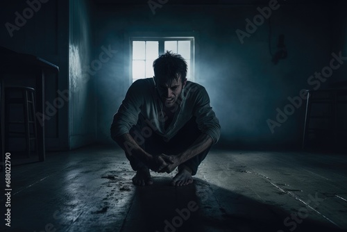 Man Fighting Depression in Dark Room