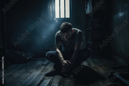 Man Fighting Depression in Dark Room © ChaoticMind