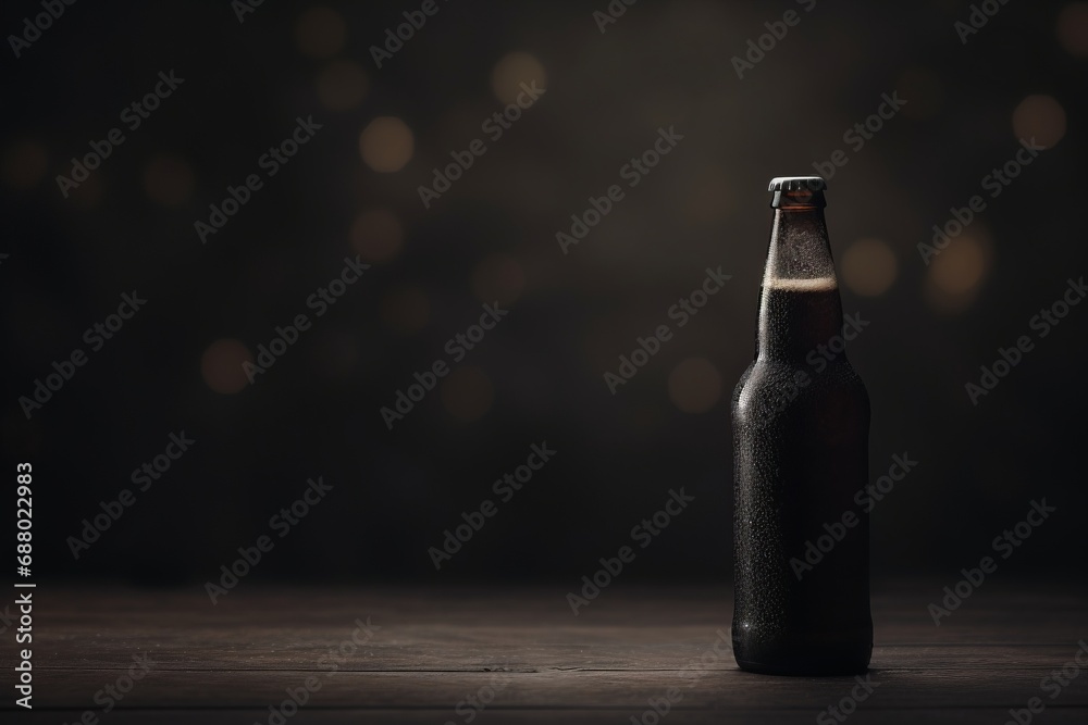 Blank bottle of dark beer on wooden table with dark background and copy space - obrazy, fototapety, plakaty 