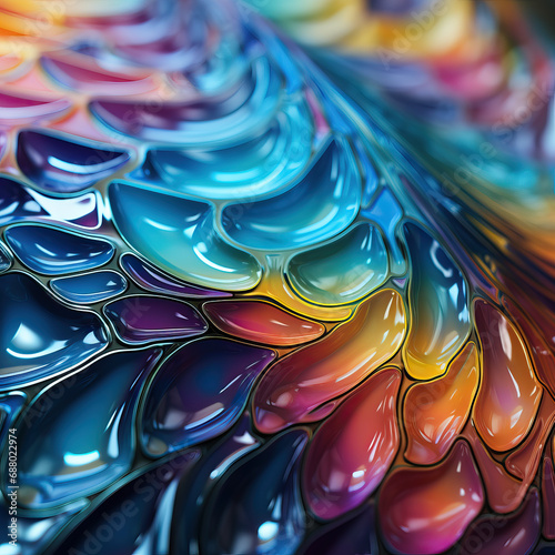 a captivating abstract design reminiscent of undulating liquid or flowing glass. The texture is rich with vibrant colors, forming a pattern of interlocking shapes that resemble scales or petals.