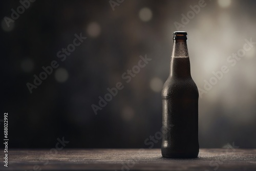 Blank bottle of dark beer on wooden table with dark background and copy space