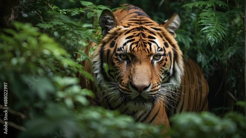 close up portrait of a tiger in a deep jungle photo