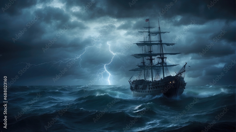 Naklejka premium pirate ghost ship in the ocean at night in the storm