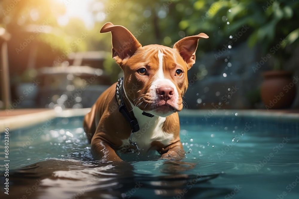 A funny puppy pitbull dog swimming in a pool, macro photo, summer, fun pet

