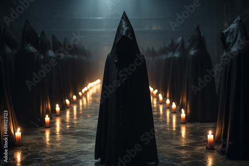 Secret society ceremony, people in hoods praying together. Members of sect perform the ritual in dark hall. Dark Religion and magical Occultism photo