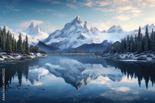 Snowy Mountains and Crystal Clear Lake at Sunrise © ChaoticMind