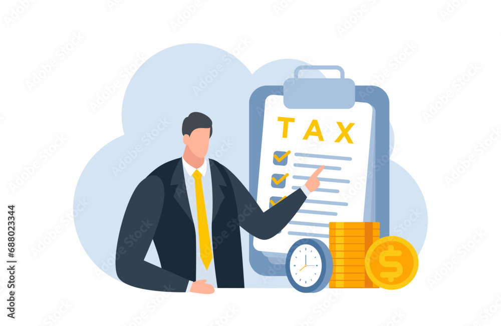 tax with businessman flat illustration blue and yellow tax with businessman flat illustration blue and yellow