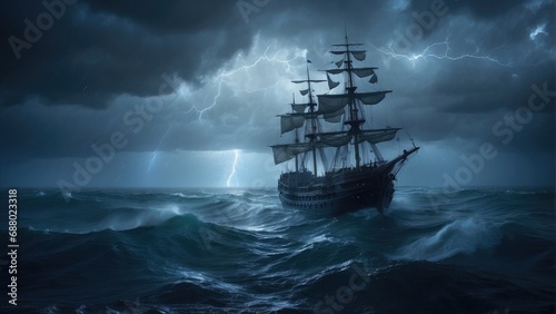 pirate ghost ship in the ocean at night in the storm