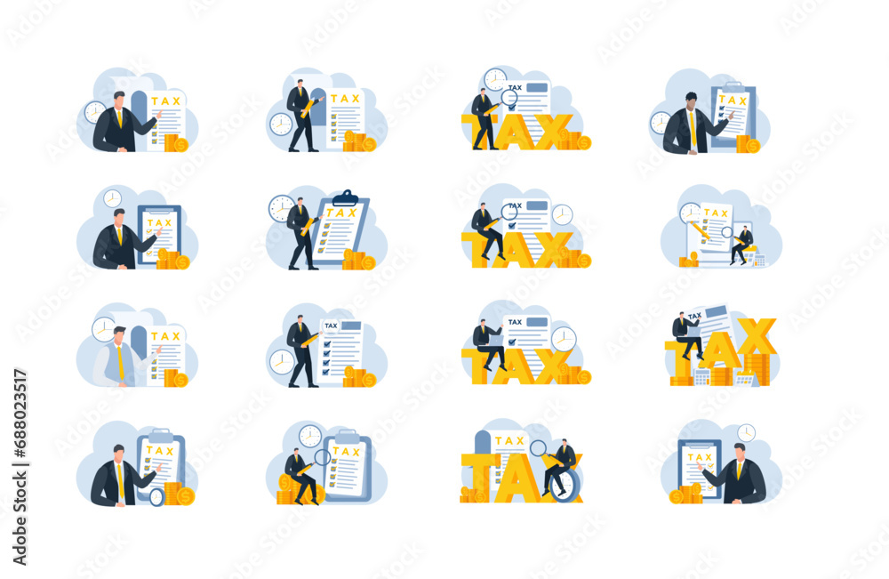 tax with businessman flat illustration blue and yellow tax with businessman flat illustration blue and yellow