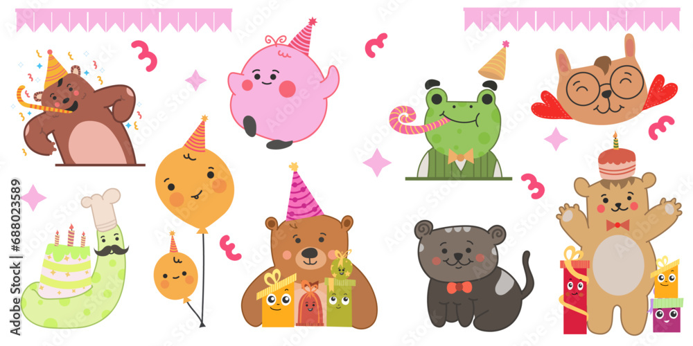 Fototapeta premium Cute little animals cartoon png for birthday,holiday and holiday cards, two dimensional hand drawn vector illustration isolated.