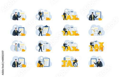 tax with businessman flat illustration blue and yellow