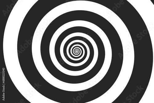 Abstract black hypnotic circle shape isolated on a white background. The design features a psychedelic spiral line and a geometric twirl spiral element. Optical illusion style. Vector illustration