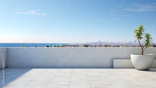 a balcony overlooking the sea with beautiful white tiles