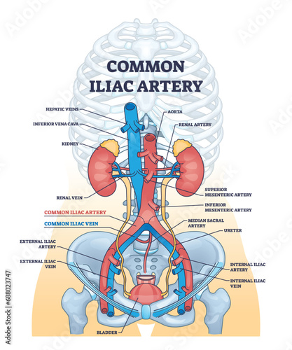 Common iliac artery as aorta towards the pelvic region outline diagram. Labeled educational medical scheme with blood flow anatomy and body arteries vector illustration. Renal and hepatic veins. photo