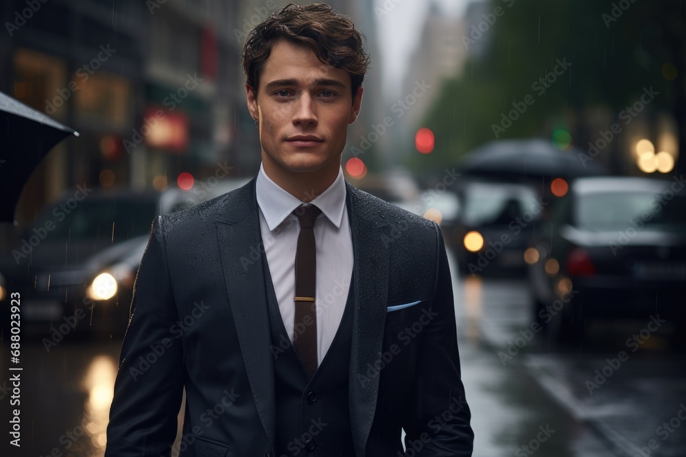 Businessman wearing Suit in Rainy City