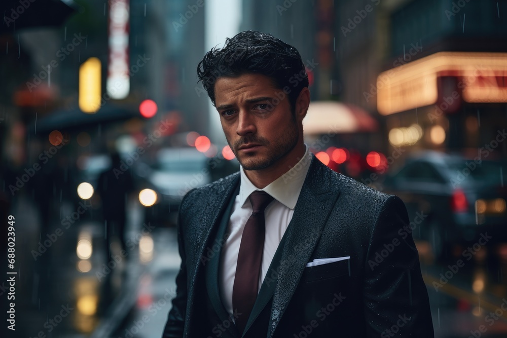 Businessman wearing Suit in Rainy City