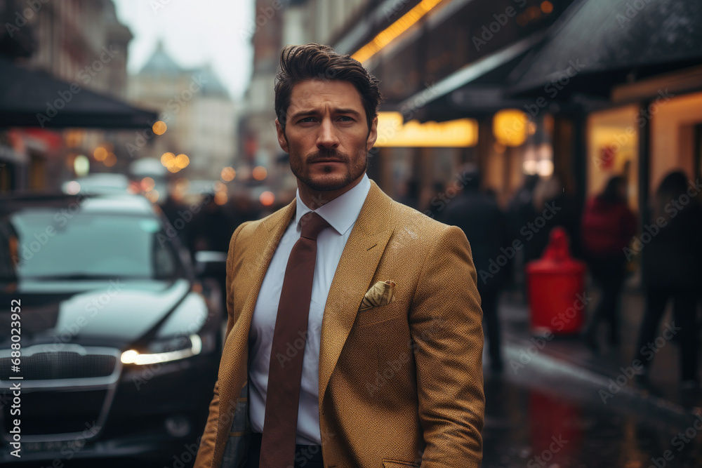 Businessman wearing Suit in Rainy City