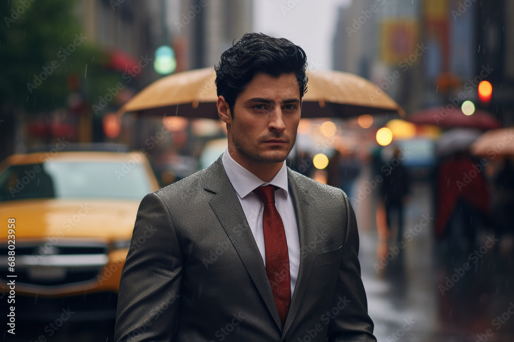 Businessman wearing Suit in Rainy City