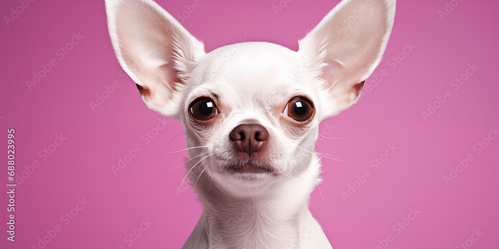Small white chihuahua sitting on a pink background. Small white chihuahua sitting on a pink background.