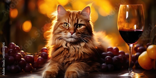 a cat is sitting next to a wine glass with grapes