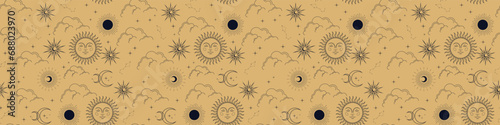 Vector magic seamless pattern with constellations, sun, moon, magic eyes, clouds and stars. Mystical esoteric background for design of fabric, packaging, phone case and your design. Vector EPS 10 photo