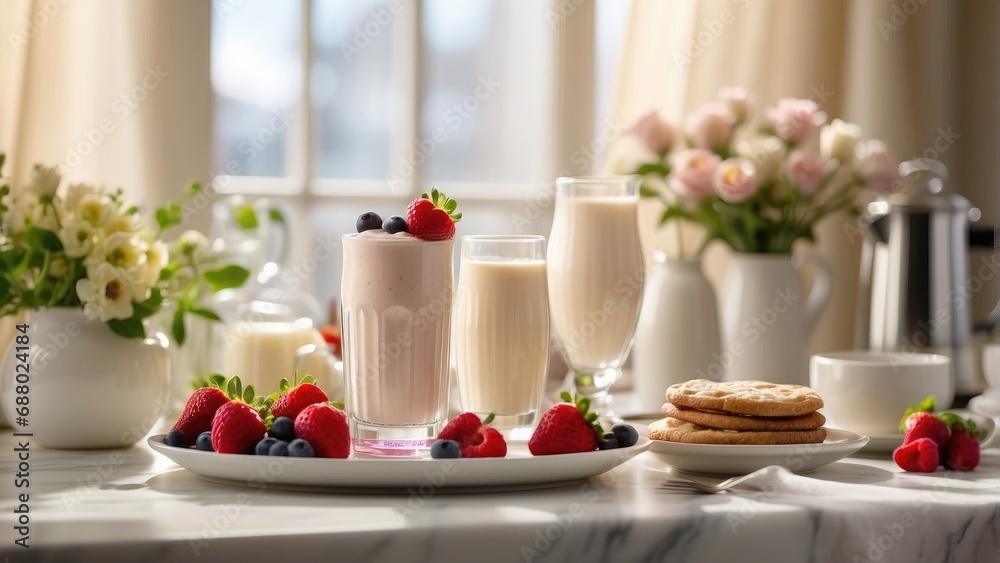 milkshake juice with yogurt with strawberries and blueberries food background photo milkshake juice with yogurt with strawberries and blueberries food background photo