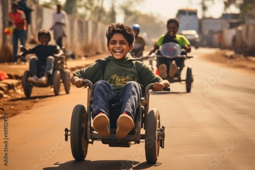 Children Racing on Metal Carts in a Sunny Street