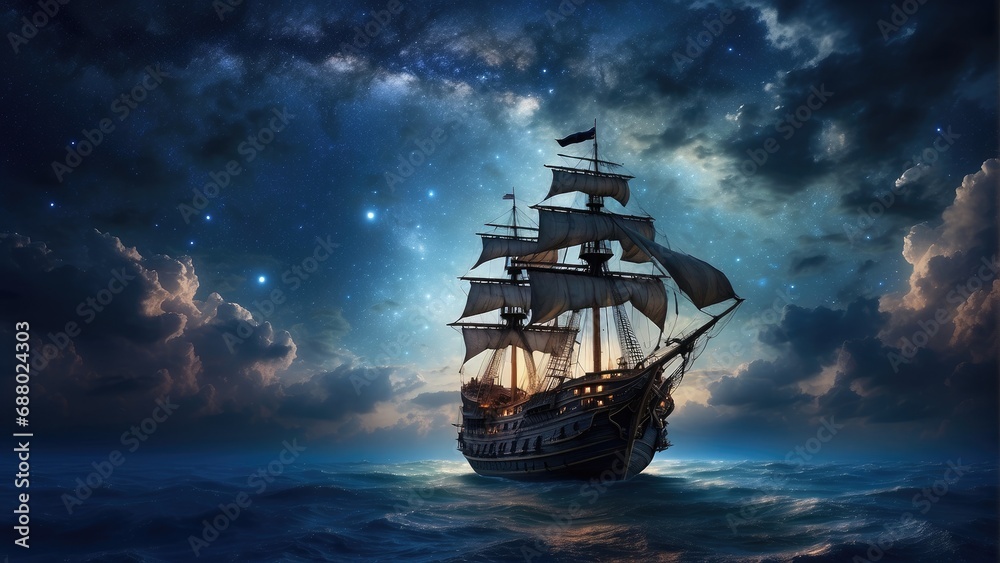 Fototapeta premium pirate ghost ship in the ocean at night in the storm