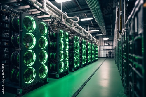 Bitcoin and crypto mining farm. Big data center. High tech server computers at work photo