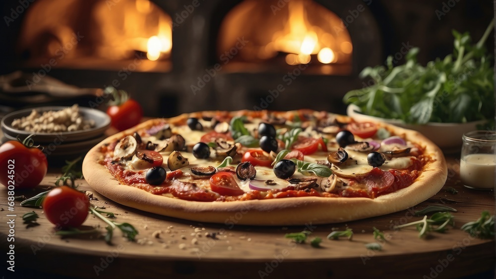 pizza with mushrooms and tomatoes background photo pizza with mushrooms and tomatoes background photo