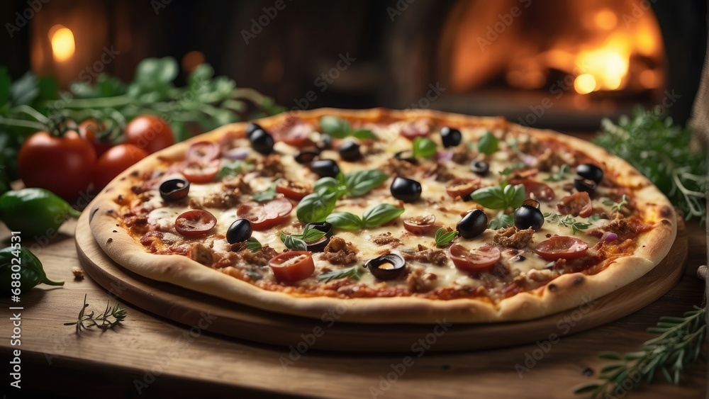 pizza with mushrooms and tomatoes background photo