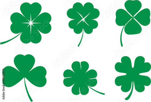 Set of multiple style three and four leaf clovers in high HD resolution on white background. Clover as symbol of st. Patrick, faith, hope, love, and luck. Poster, banner idea for media and web. photo