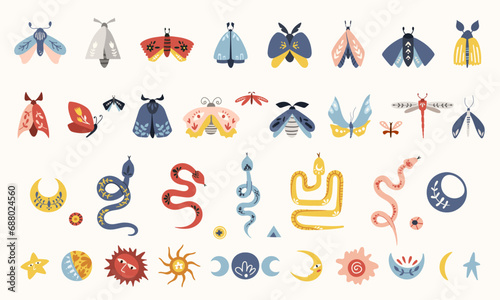 Folk moth, butterfly, snake, moon and stars clip arts vector set in Scandinavian Nordic style, hygge insects isolated designs on white. Collection of classic ethnic elements. Funny scandi folk motifs © Maria Zamchiy 