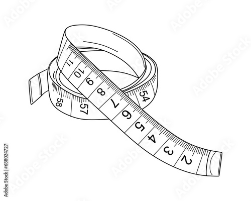 Hand drawn tailor's tape measure. Sketch of sewing tool of dressmaker isolated on white background. Tailor measuring tape, item for tailoring, needlework in doodle style. Vector illustration