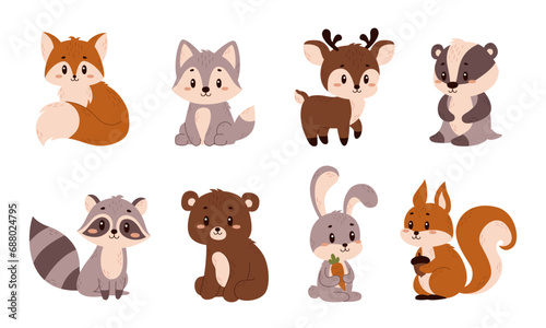 Set of vector forest animals isolated on white background