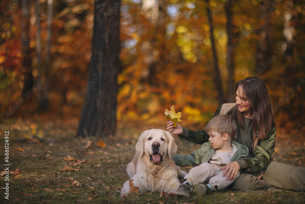 Smiling beautiful family of four walking in the park with a happy golden retriever and enjoying the beautiful autumn nature. Smiling beautiful family of four walking in the park with a happy golden retriever and enjoying the beautiful autumn nature.
