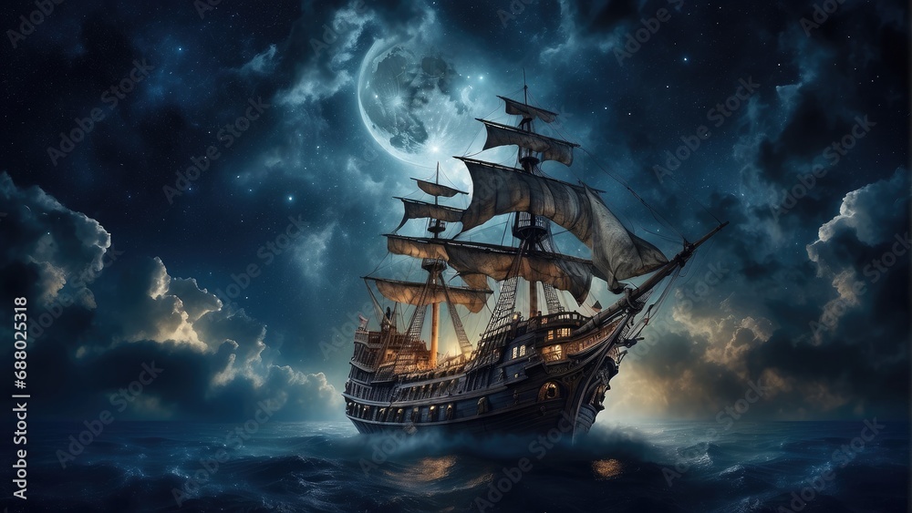 Naklejka premium pirate ghost ship in the ocean at night in the storm