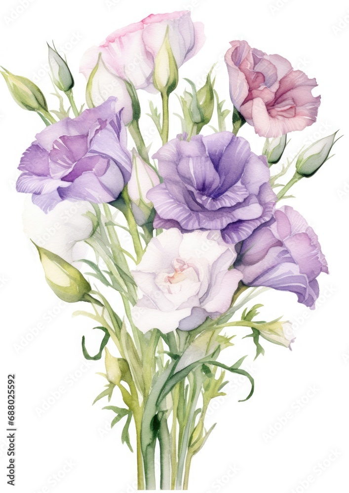 watercolor illustration lisianthus bouquet, isolated on white background