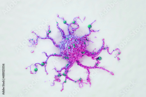 Cancer cell, tumor with metastasis isolated on white background. Concept of health care, medicine, biology, microbiology, science. 3D render, 3D illustration, copy space. photo